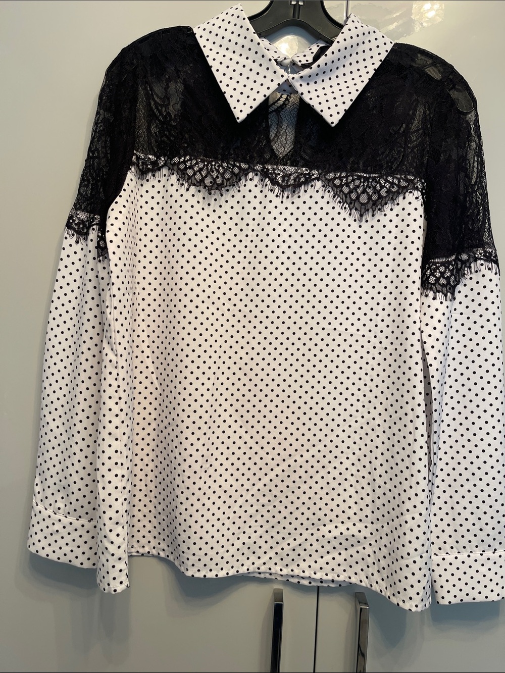 SHEIN White Polka Dot Blouse with Black Lace Yoke